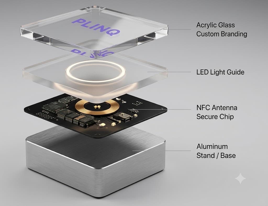 Explosionsdarstellung des PLINQ Touchpoints: Acrylglas mit Branding, LED-Lichtleiter, Platine mit NFC-Antenne und Secure Chip, Aluminium-Basis
